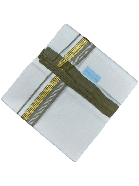 Southloom Balaramapuram Unakkupaavu Premium Handloom Cotton Double Mundu with Gold Kasavu and Olive Green Border