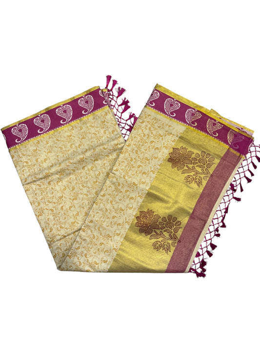 Southloom Kerala Tissue Kasavu Printed Saree with Magenta Floral Embroidery Works and Tassels