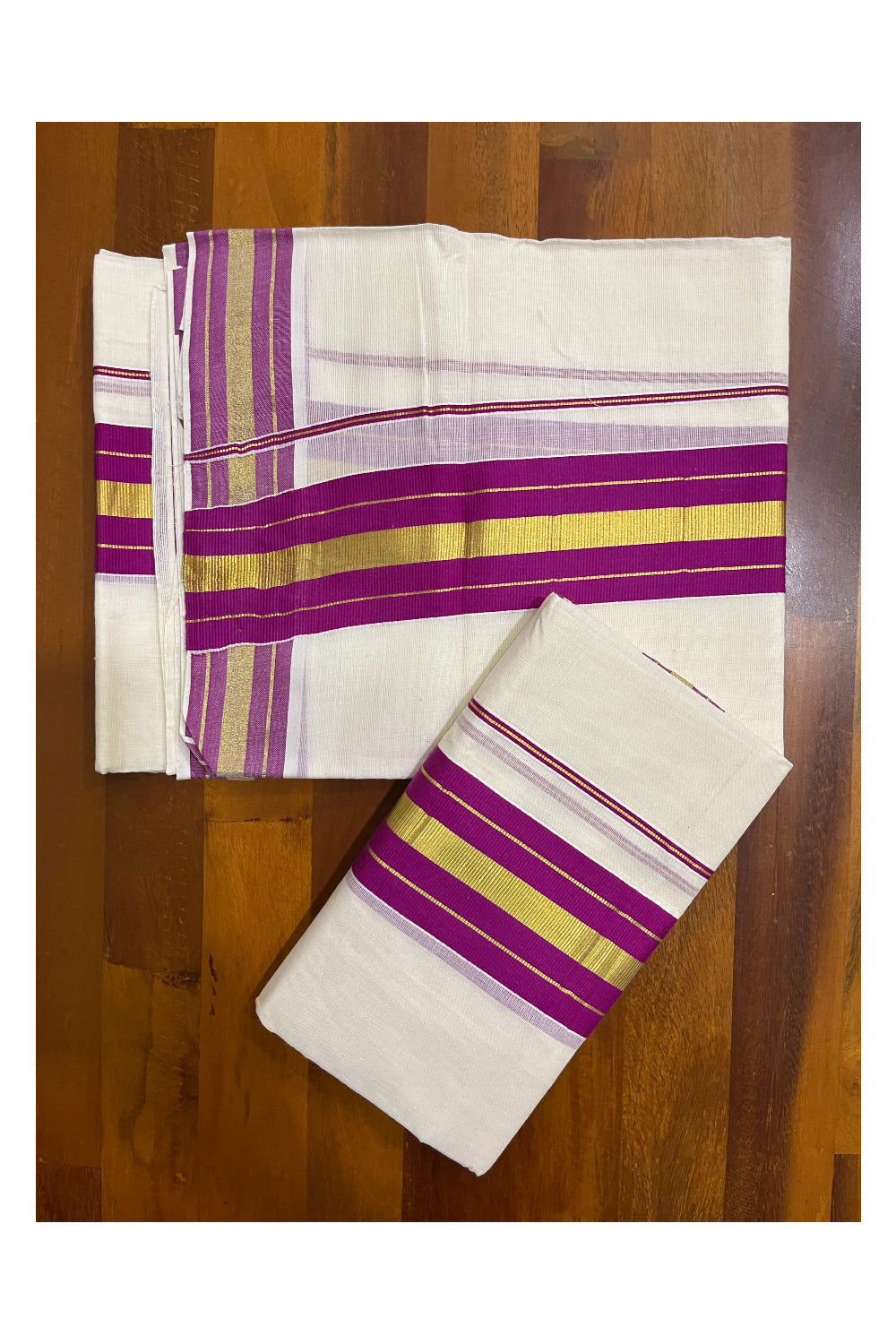 Kerala Cotton Set Mundu (Mundum Neriyathum) with Magenta and Kasavu Border 2.80 Mtrs