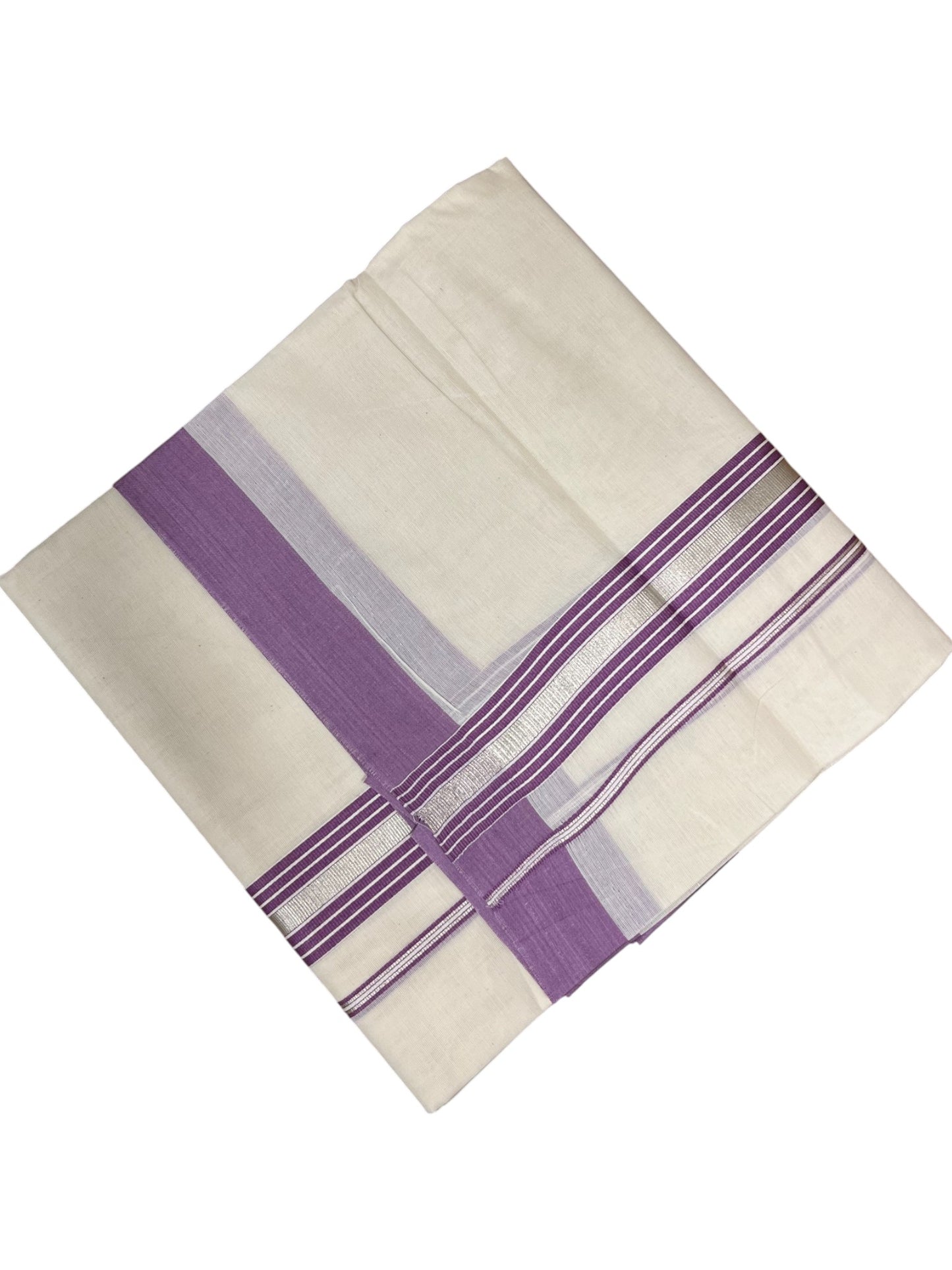 Southloom Kerala Pure Cotton Double Mundu with Lavender And Silver Lines Border (South Indian Dhoti)