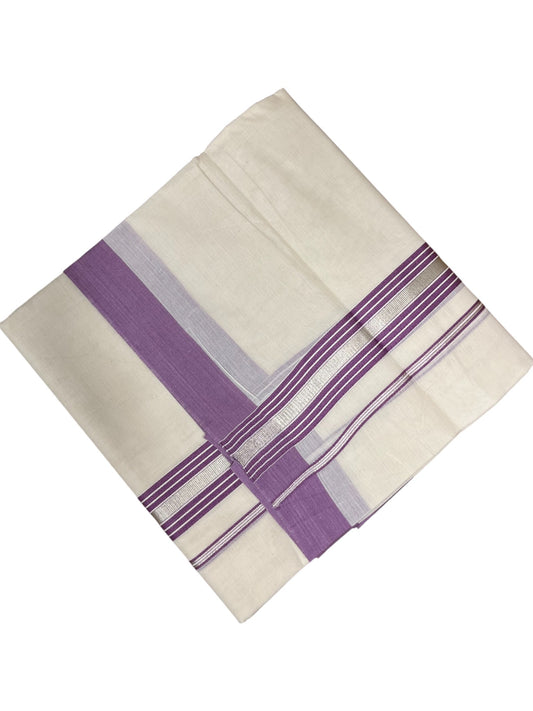 Southloom Kerala Pure Cotton Double Mundu with Lavender And Silver Lines Border (South Indian Dhoti)