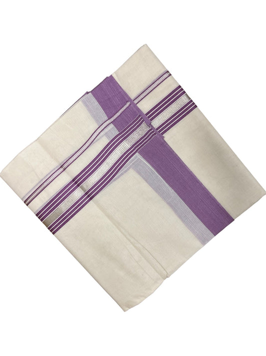Southloom Kerala Pure Cotton Double Mundu with Lavender And Silver Lines Border (South Indian Dhoti)