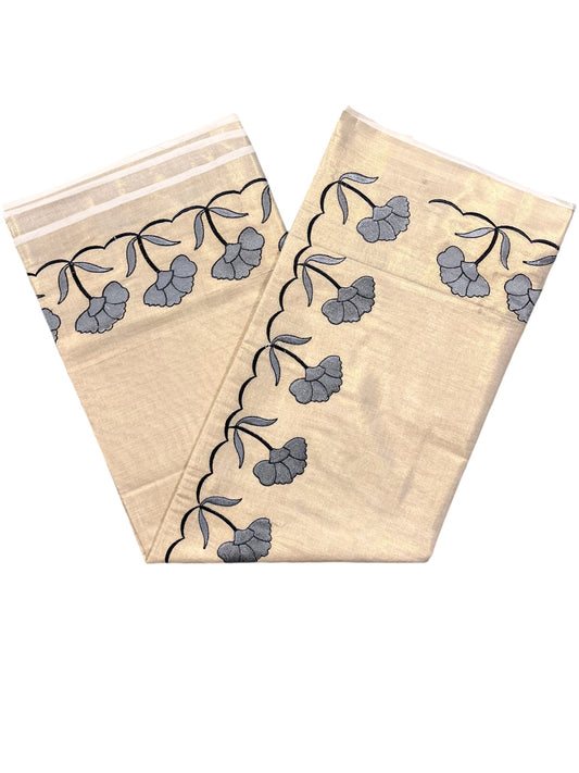 Southloom Cotton Kerala Saree with Grey Floral Embroidery Design on Border