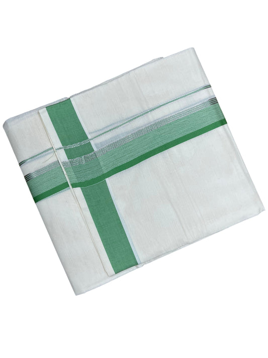 Southloom Pure Cotton Mundu with Green & Silver Lines Border (South Indian Kerala Dhoti)