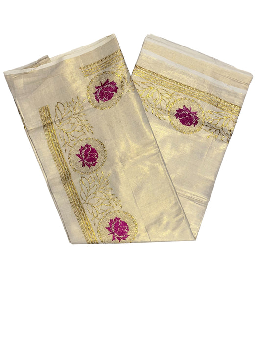 Southloom Kerala Tissue Kasavu Plain Saree with Magenta Floral Embroidery Works