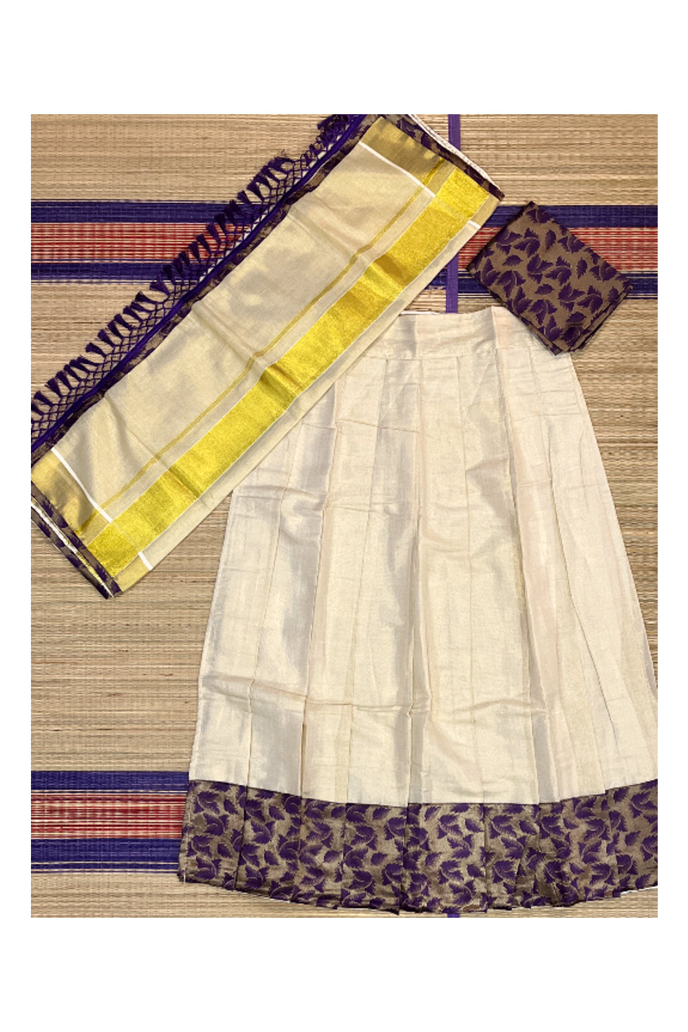 Semi Stitched Dhavani Set with Tissue Pavada and Violet Designer Blouse Piece