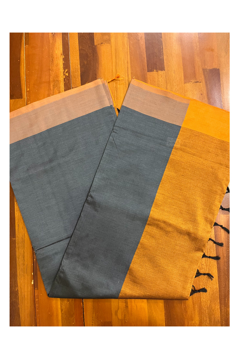 Southloom Cotton Gray Plain Saree with Light Brown on Pallu