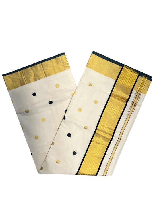 Southloom Super Premium Balaramapuram Unakkupaavu Handloom Cotton Saree with Gold and Green Polka Works on Body