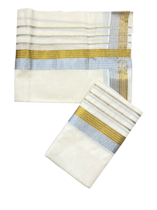 Southloom Pure Cotton Mundum Neriyathum (Set Mundu) with Silver and Kasavu Line Border