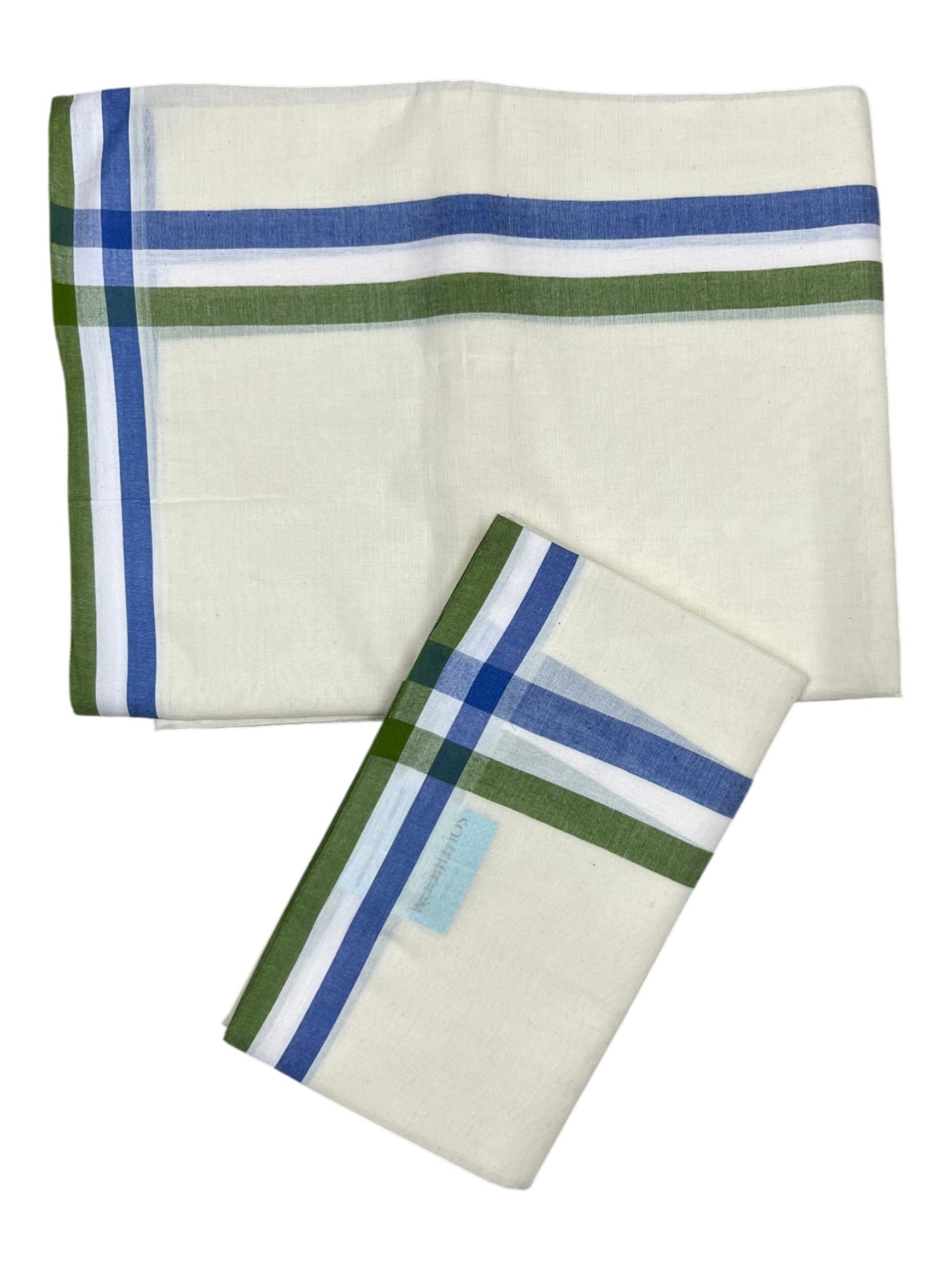 Southloom Pure Cotton Kerala Single Set Mundu (Mundum Neriyathum) Green & Blue Border