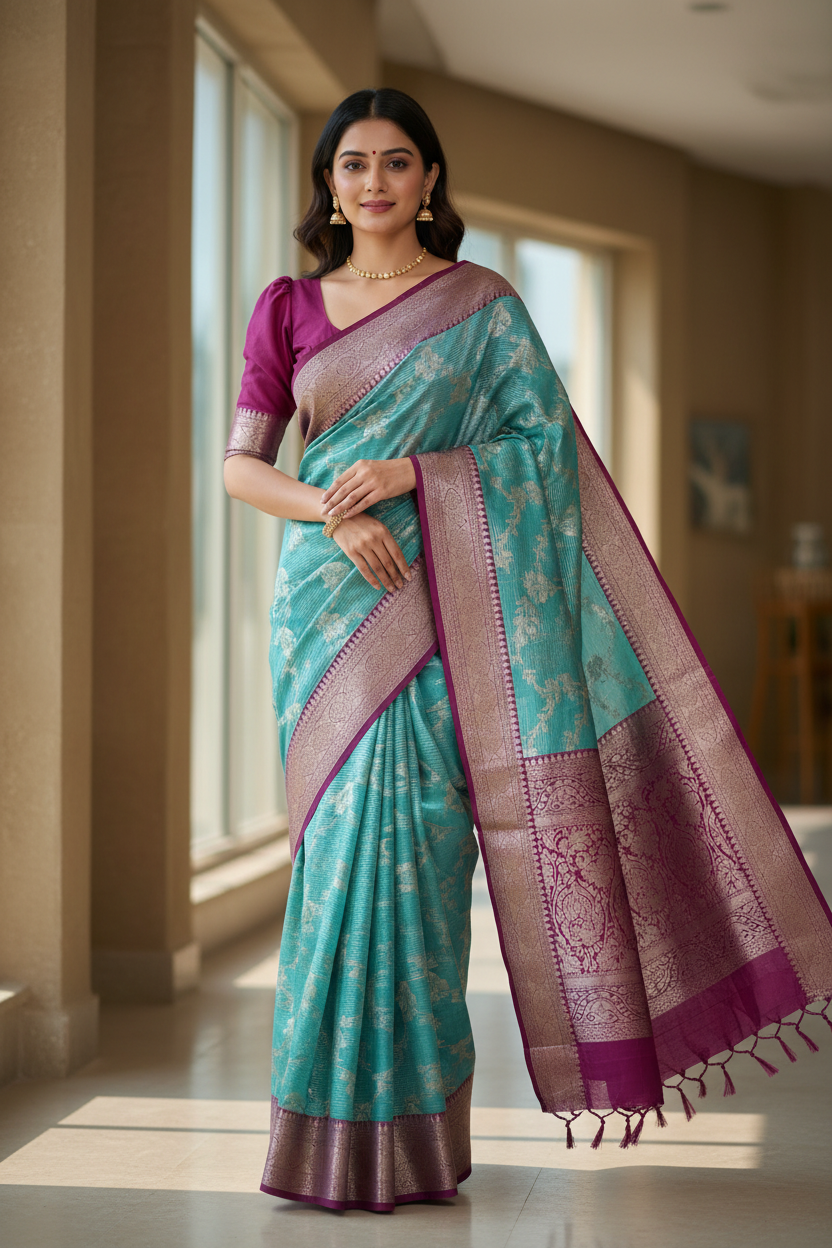 Southloom Tissue Banarasi Silk Saree with Woven Work on Body and Borders (Blue)