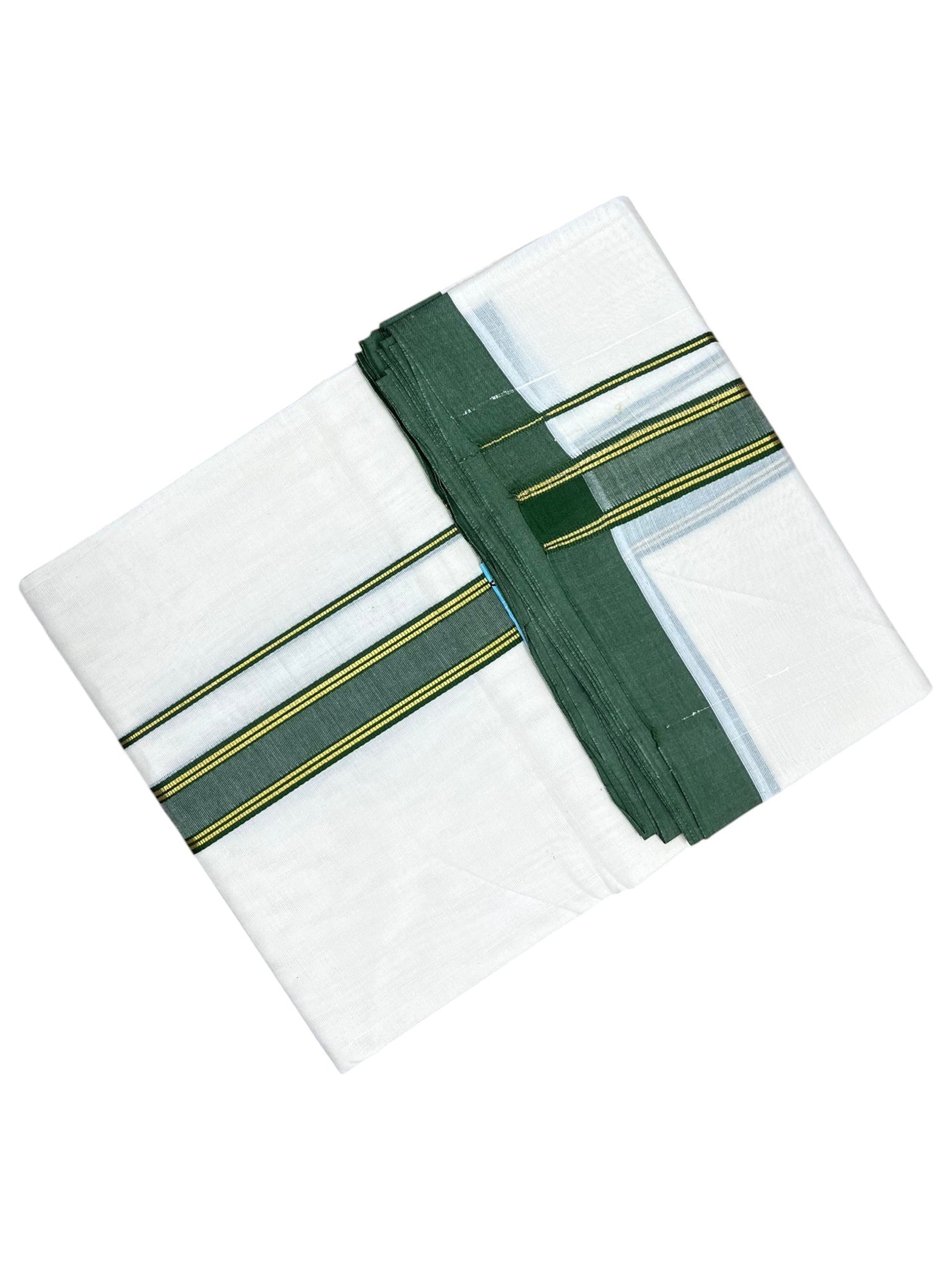 Southloom Pure Cotton Mundu with Gold Lines and Green Border (South Indian Kerala Dhoti)