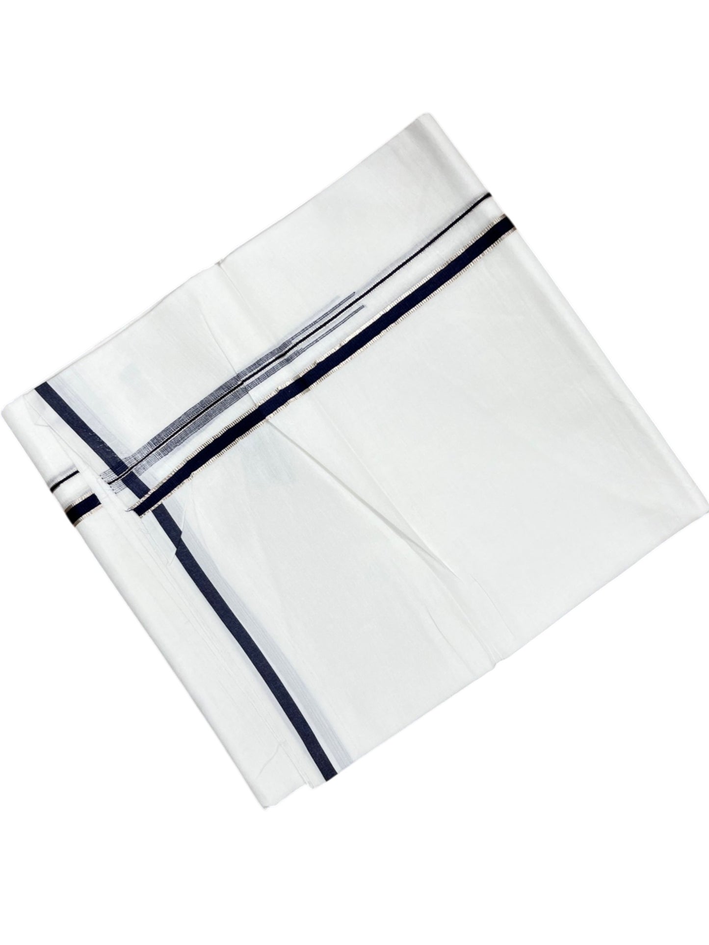 Southloom Pure White Cotton Double Mundu with Silver and Blue Border (South Indian Dhoti)
