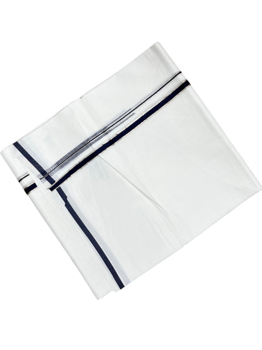 Southloom Pure White Cotton Double Mundu with Silver and Blue Border (South Indian Dhoti)