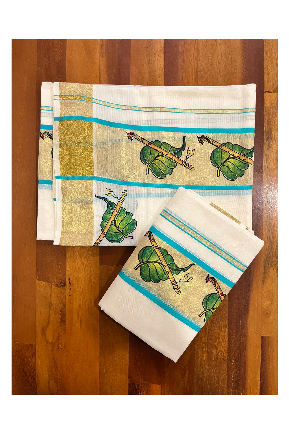 Kerala Cotton Single Set Mundu (Mundum Neriyathum) with Leaf and Flute Block Prints on Kasavu Turquoise Border