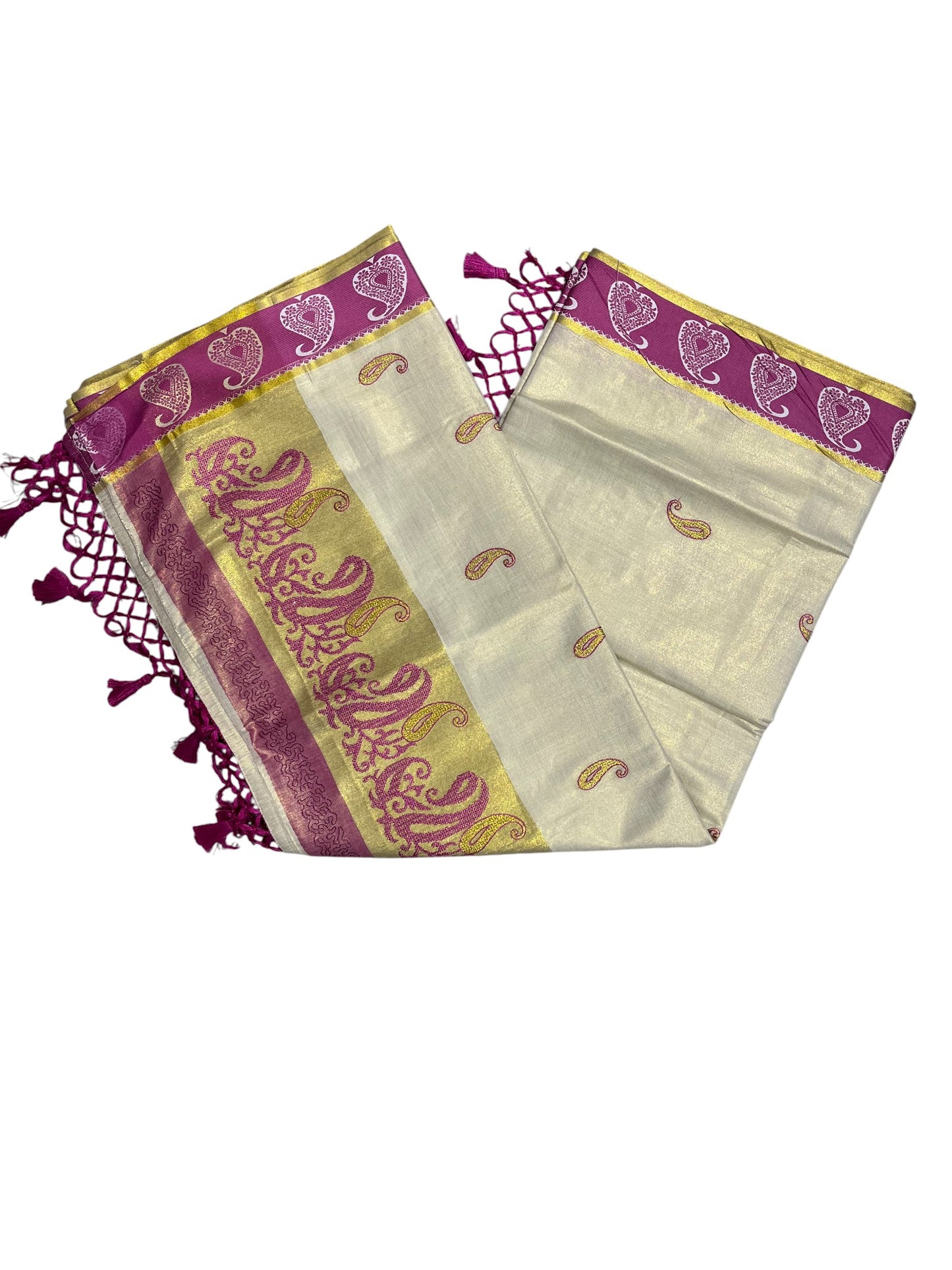 Southloom Kerala Tissue Kasavu Plain Saree with Magenta Floral Embroidery Works