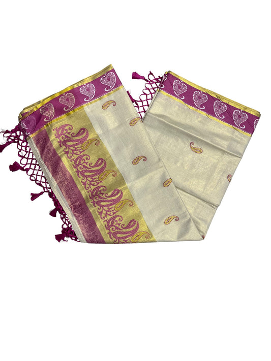 Southloom Kerala Tissue Kasavu Plain Saree with Magenta Floral Embroidery Works