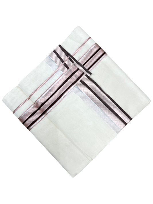 Southloom Kerala Pure Cotton Double Mundu with Peach Lines and Brown Border with (South Indian Dhoti)