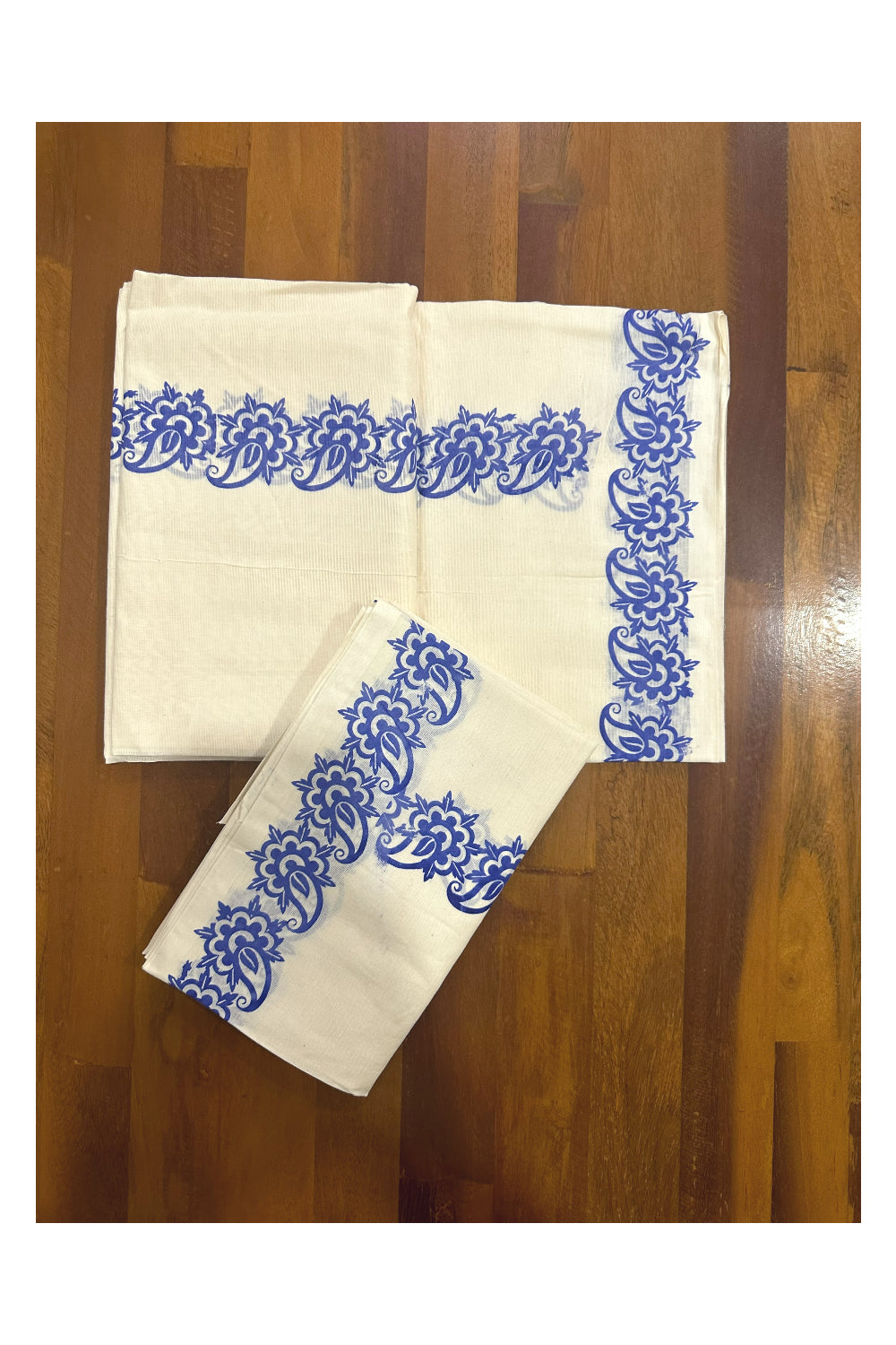 Kerala Cotton Set Mundu (Mundum Neriyathum) with Blue Block Printed Border