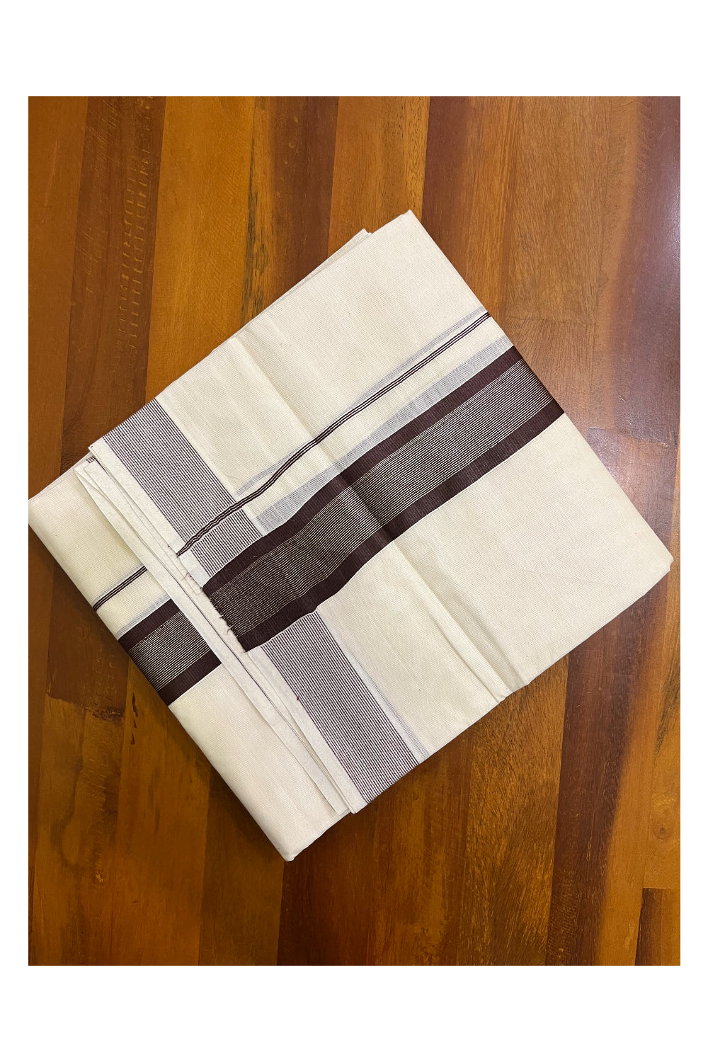 Kerala Pure Cotton Double Mundu with Brown and Silver Kasavu Border (South Indian Kerala Dhoti)