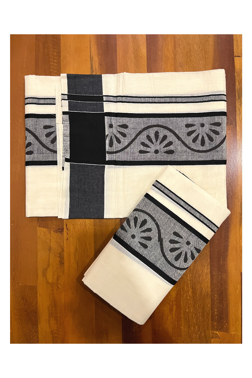 Pure Cotton Kerala Single Set Mundu (Mundum Neriyathum) with Black Block Printed Border