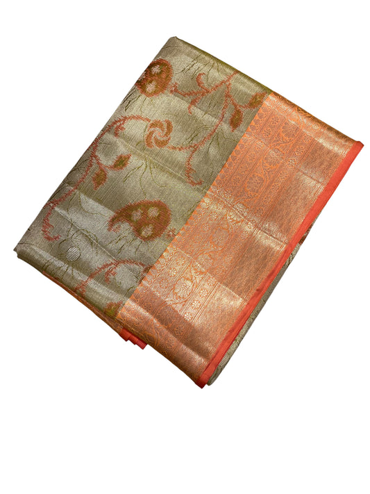 Southloom Tissue Silk Saree with Woven Work on Body and Borders (Green & Orange)