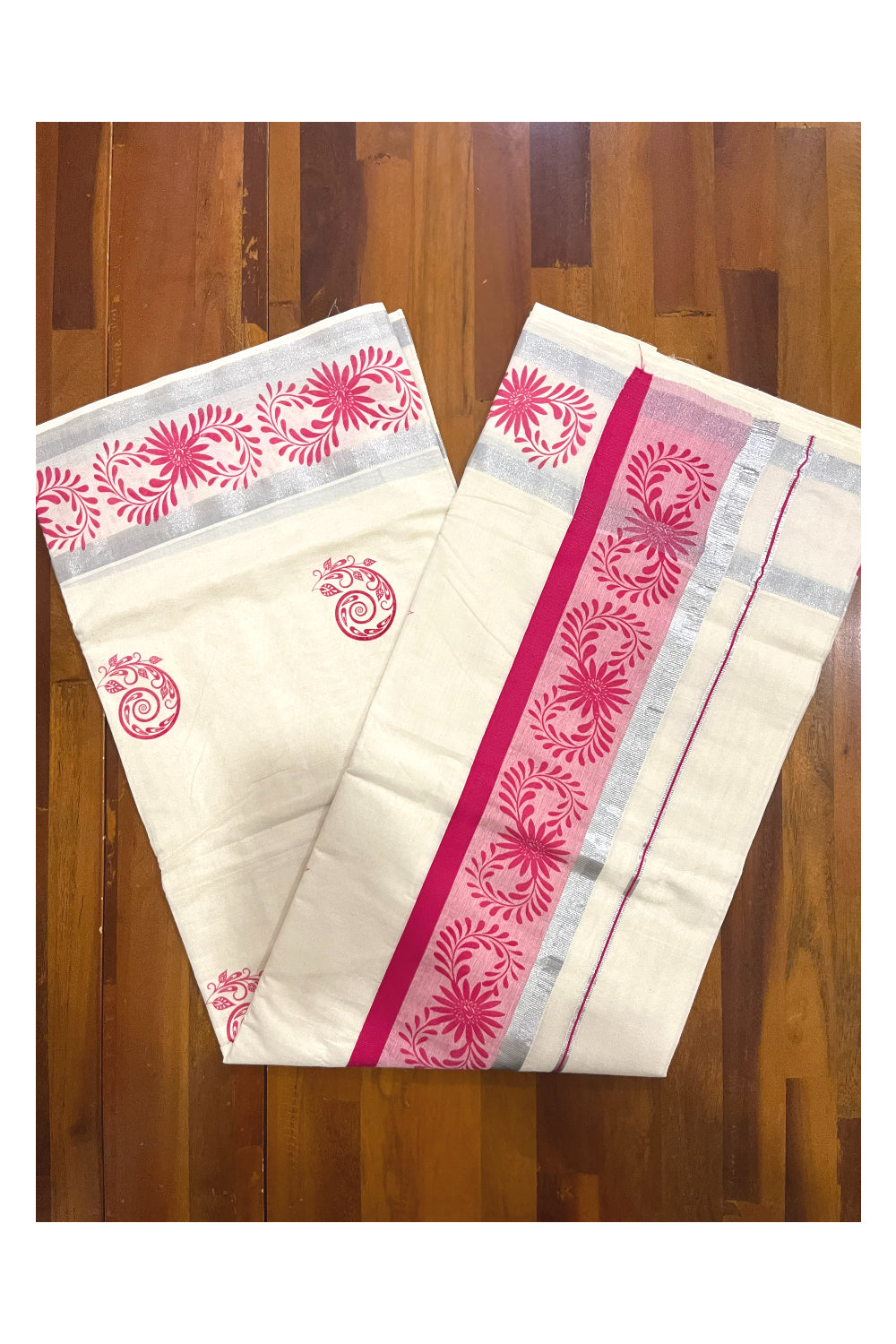 Pure Cotton Off White Kerala Saree with Pink Floral Block Printed Silver Border (Onam Saree 2023)