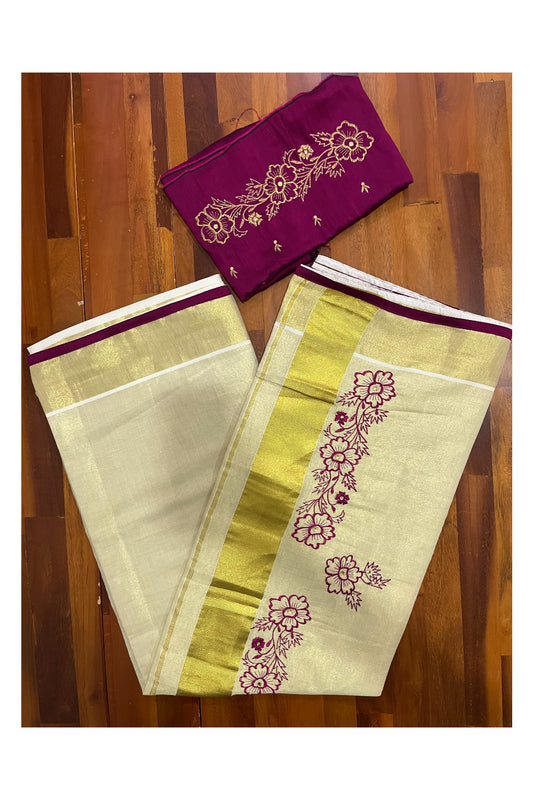 Kerala Tissue Kasavu Saree with Floral Embroidery Works on Body and Magenta Blouse Piece