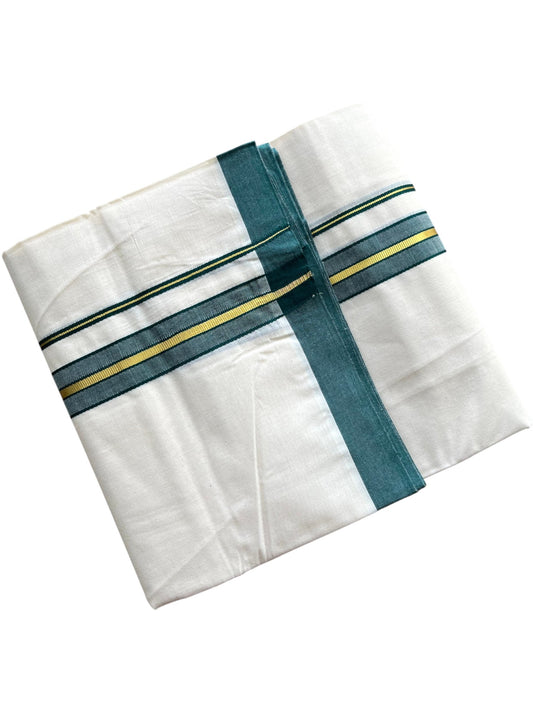 Southloom Pure Cotton Mundu with Golden Lines and Peacock Green Border (South Indian Kerala Dhoti)