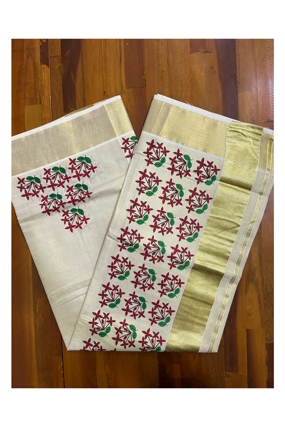 Kerala Tissue Kasavu Saree with Maroon Floral Prints on Body and Kasavu Border