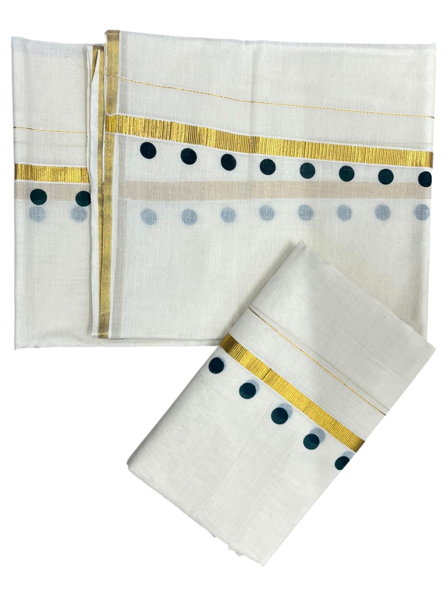Southloom Pure Cotton Kerala Single Set Mundu (Mundum Neriyathum) with Polka Dots in Green 2.80 Mtrs