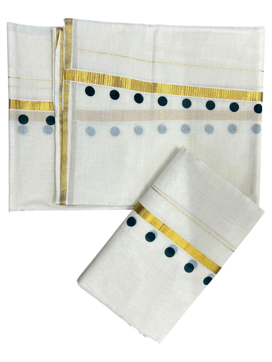 Southloom Pure Cotton Kerala Single Set Mundu (Mundum Neriyathum) with Polka Dots in Green 2.80 Mtrs
