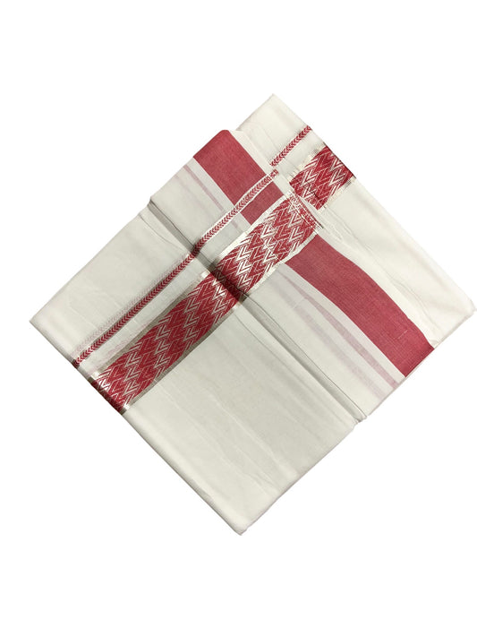 Southloom Kerala Pure White Cotton Double Mundu with Silver Lines & Pink Border (South Indian Dhoti)