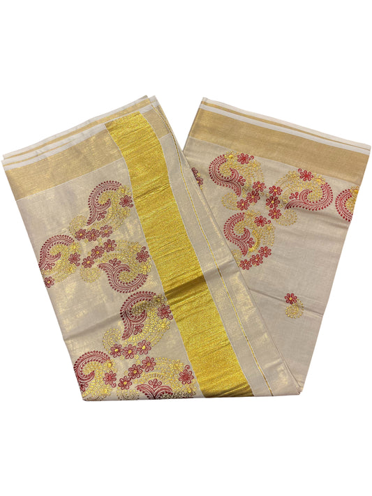 Southloom Kerala Tissue Kasavu Plain Saree with Gold and Maroon Embroidery Works