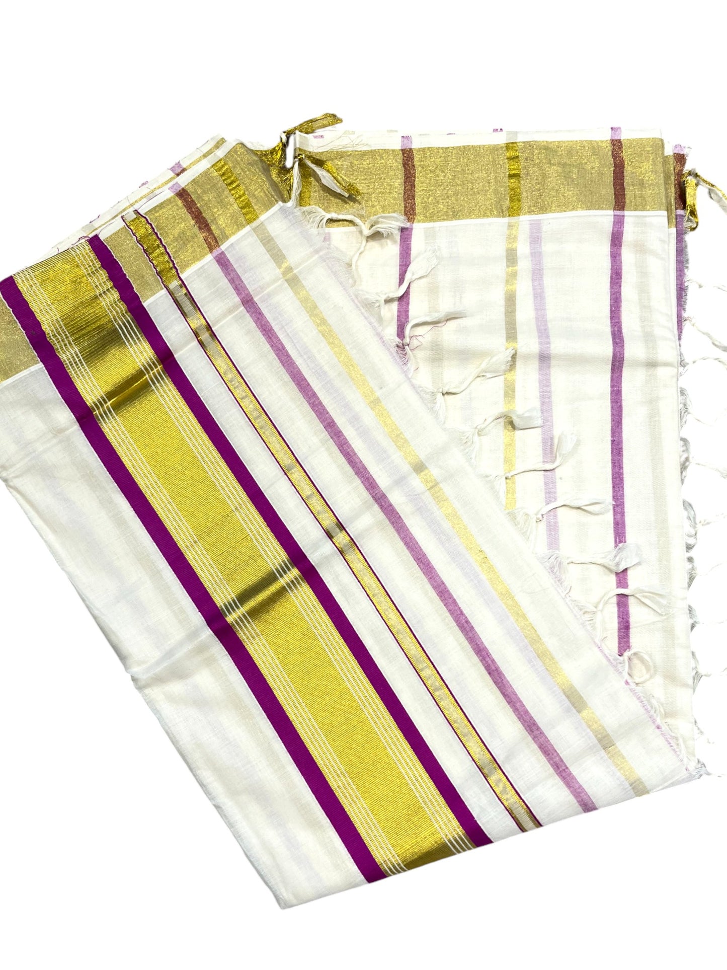 Southloom Kerala Cotton Kasavu Saree with Gold And Purple Lines on Body