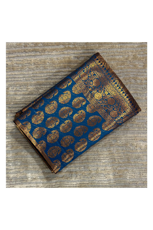 Southloom Brocade Silk Bridal Saree WIth Woven Borders And Blouse Piece in Blue And Gold