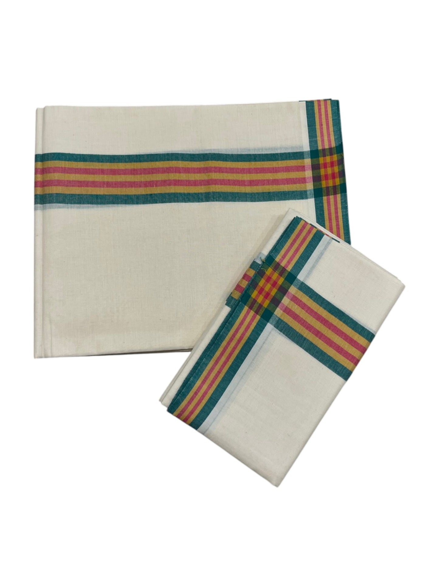 Southloom Pure Cotton Kerala Single Mulloth Set Mundu (Mundum Neriyathum)  Green &Yellow Border
