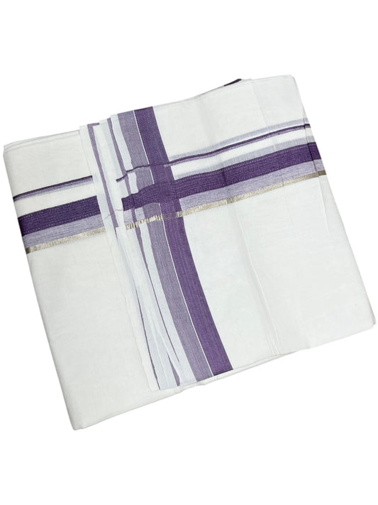 Southloom Pure White Cotton Mundu with Silver Line & Lavender Border (South Indian Kerala Dhoti)