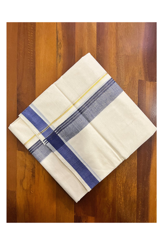 Off White Kerala Cotton Double Mundu with Kasavu and Blue Border (South Indian Kerala Dhoti)