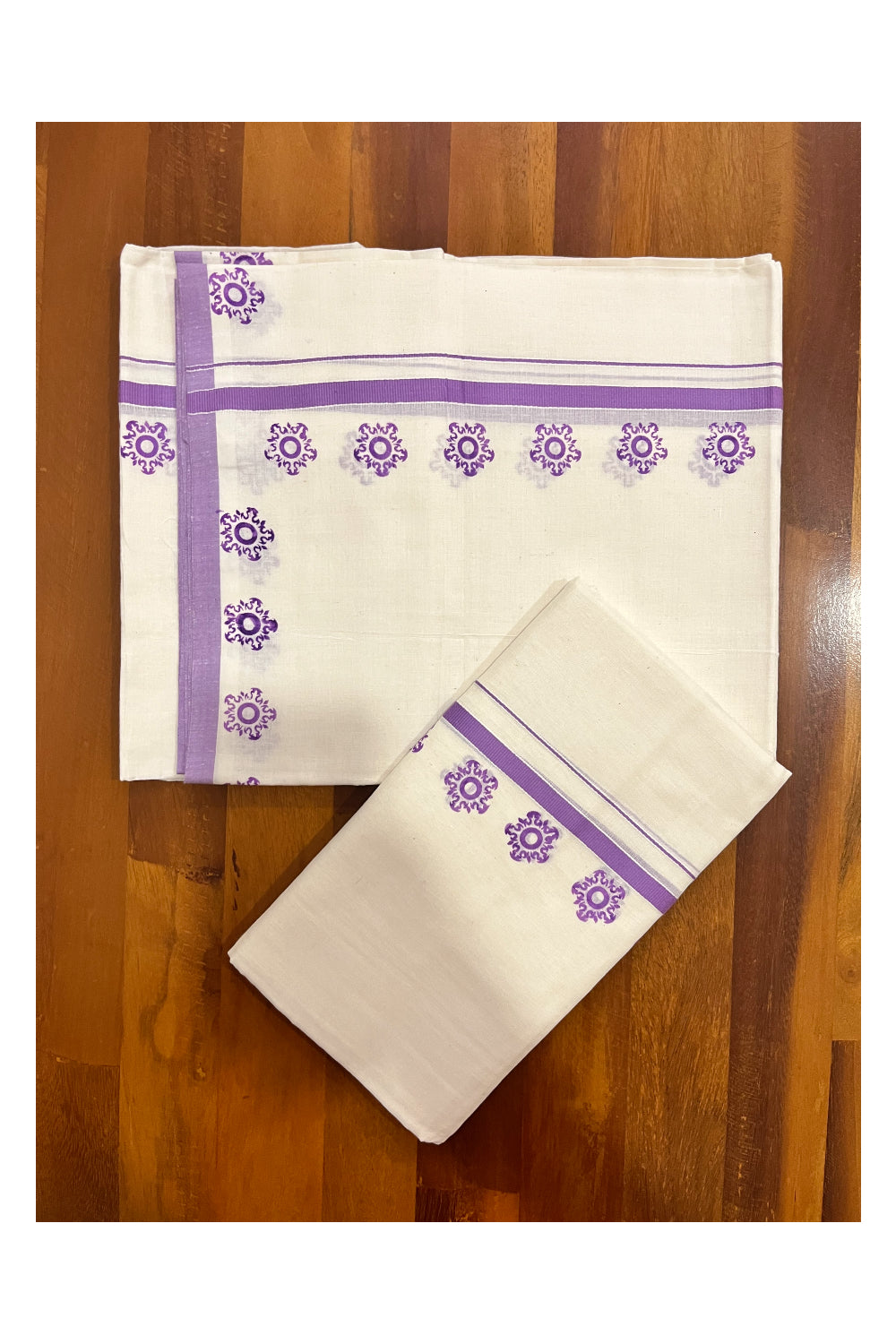 Kerala Pure Cotton Set Mundu Single (Mundum Neriyathum) with Violet Block Prints