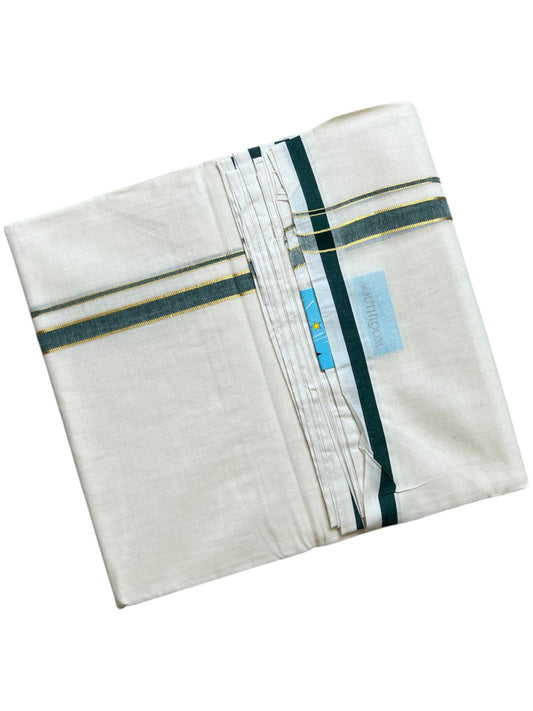 Southloom Pure Cotton Mundu with Golden Lines and Green Border (South Indian Kerala Dhoti)