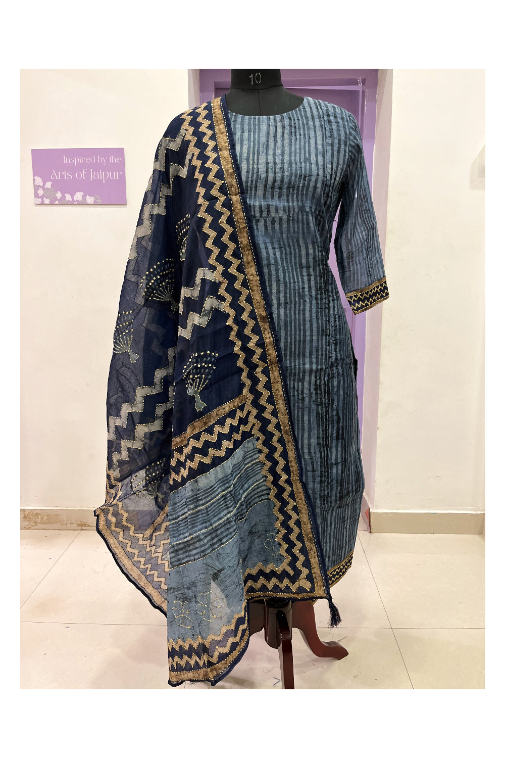 Southloom Stitched Chanderi Silk Salwar Set in Blue Lines Prints