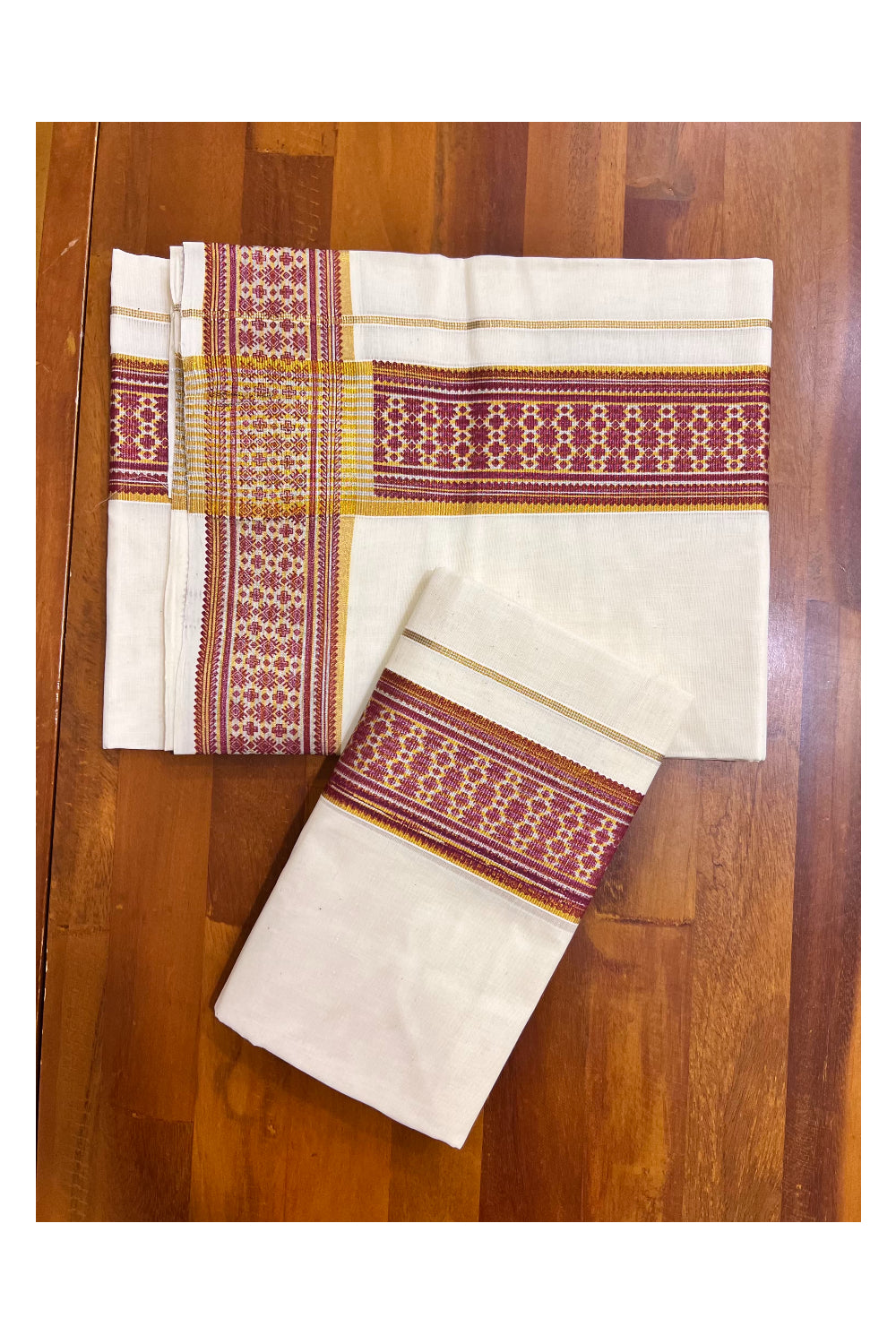 Kerala Pure Cotton Set Mundu Single (Mundum Neriyathum) with Red Block Prints on Kasavu Border (Vishu 2024 Collection)