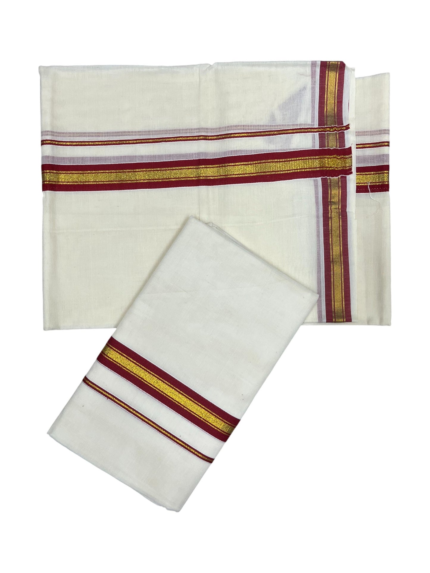 Pure Cotton Kerala Single Set Mundu (Mundum Neriyathum) with Red Kasavu Border in 2.80 Mtrs