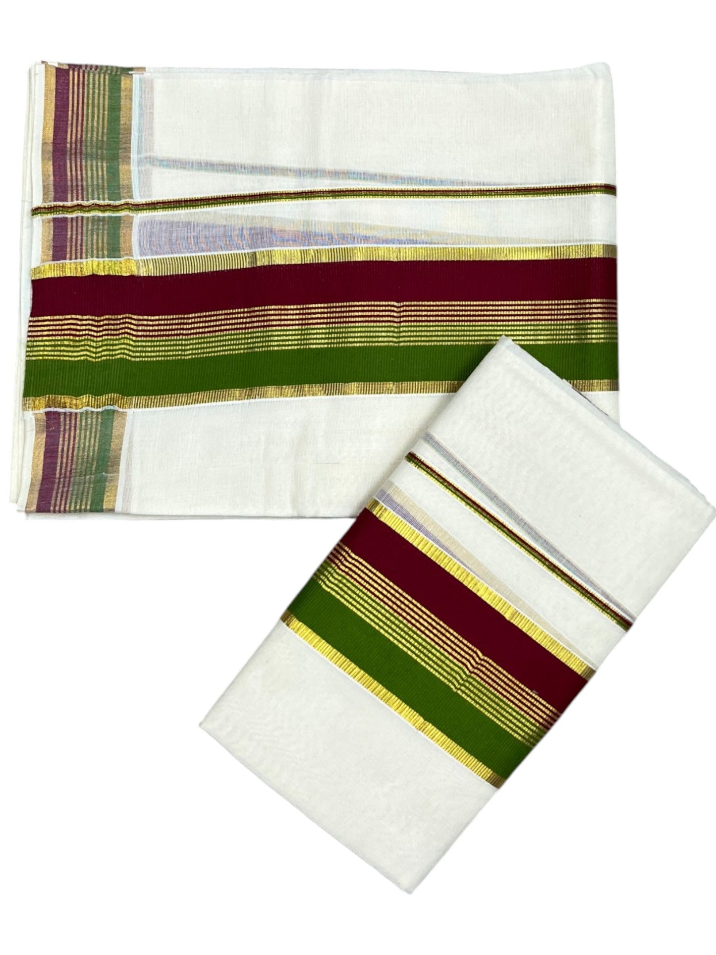 Southloom Kerala Cotton Kasavu Single Set Mundu (Mundum Neriyathum) with Maroon and Olive Green Kasavu Border SLKK