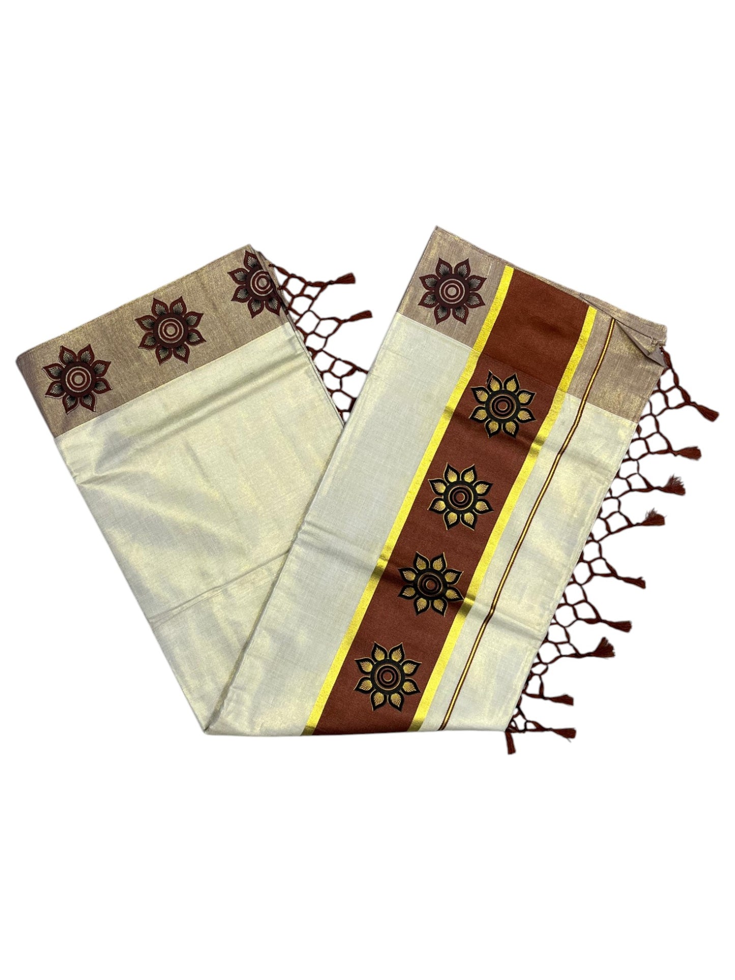 Southloom Kerala Tissue Kasavu Saree with Floral Block Prints in Brown Border