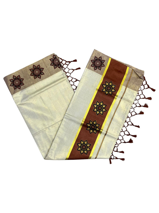 Southloom Kerala Tissue Kasavu Saree with Floral Block Prints in Brown Border