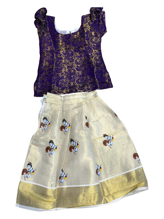Southloom Kerala Tissue Kasavu Pavada Blouse with Embroidery Work for Kids