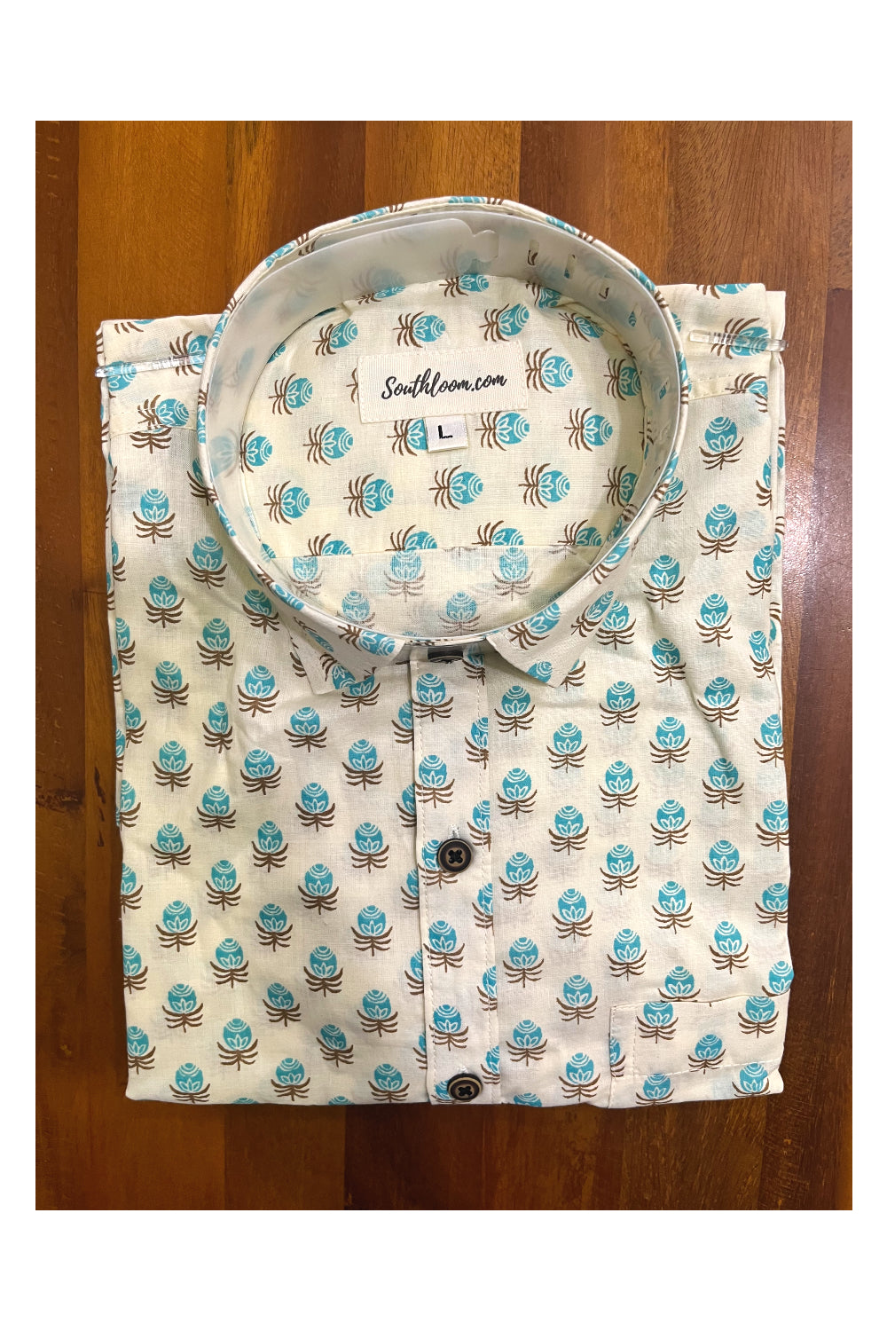 Southloom Jaipur Cotton Hand Block Printed Light Blue Shirt (Full Sleeves)