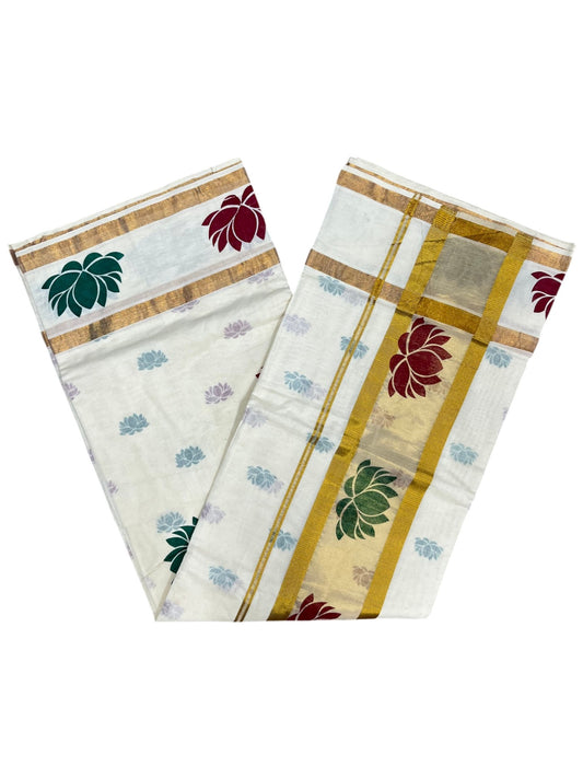 Southloom Cotton Kerala Kasavu Saree with Lotus Block Prints on Body and Border in Maroon and Green
